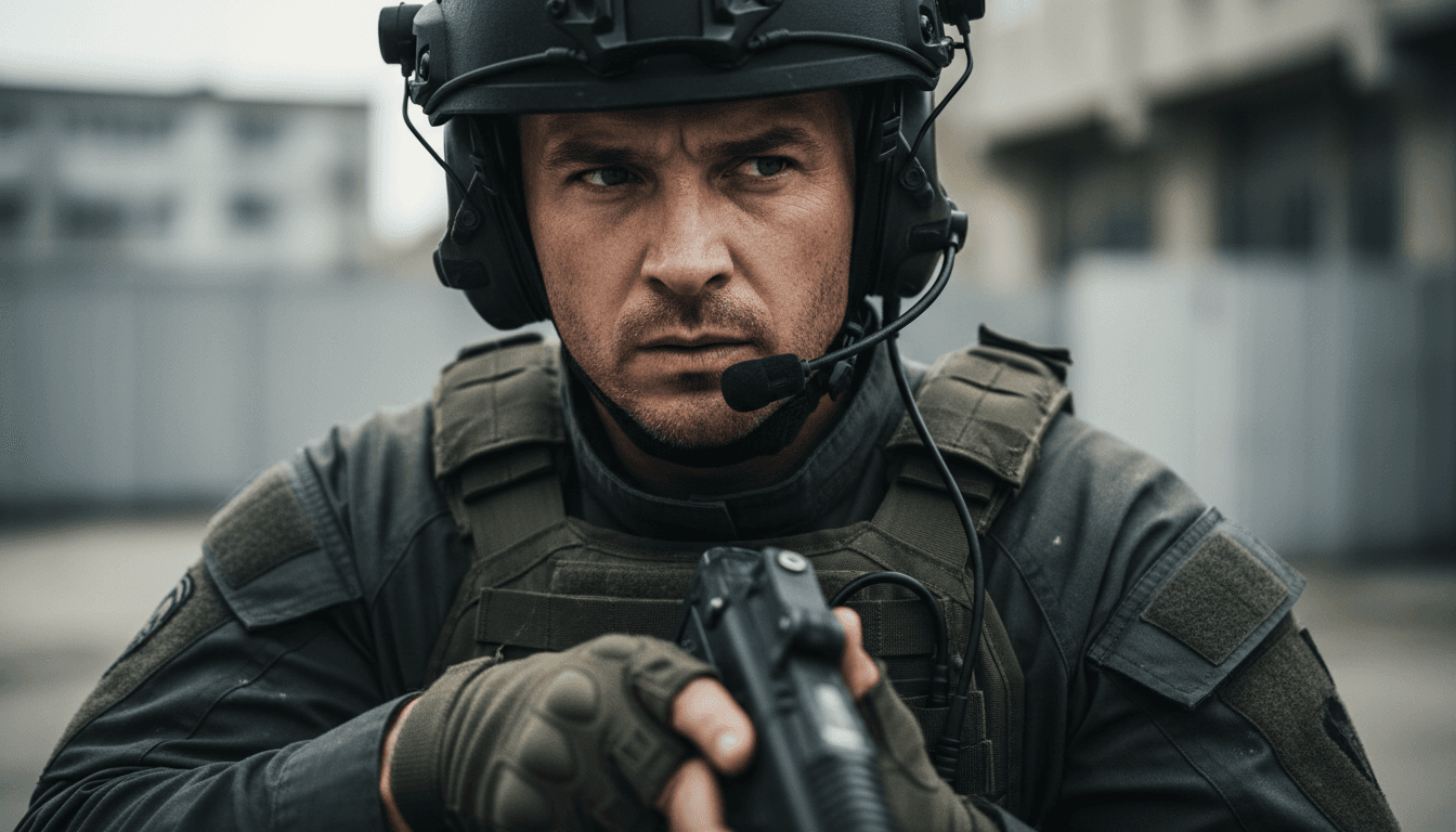 Detail of professional security uniform and equipment