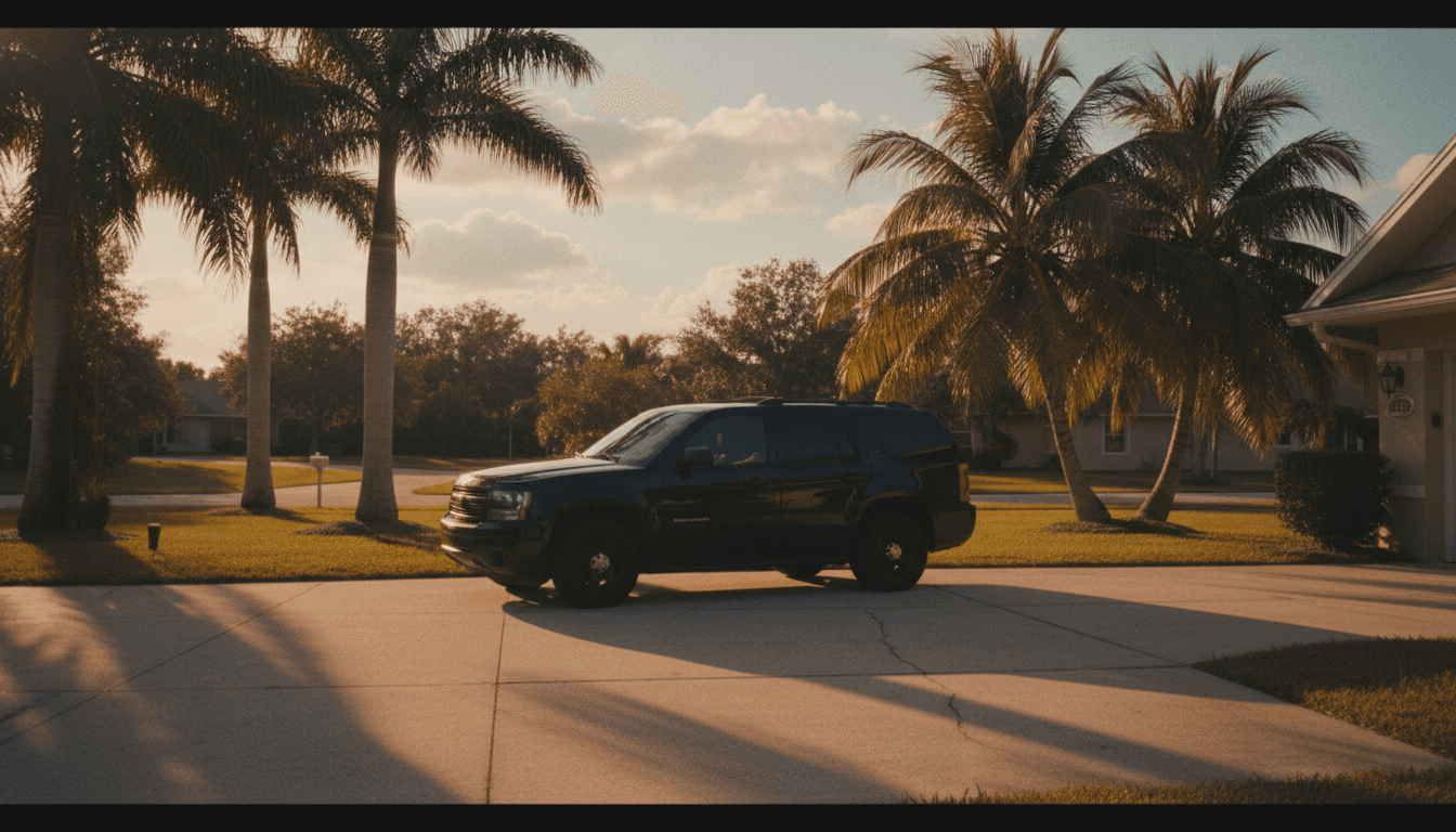 Black SUV parked in residential driveway during golden hour