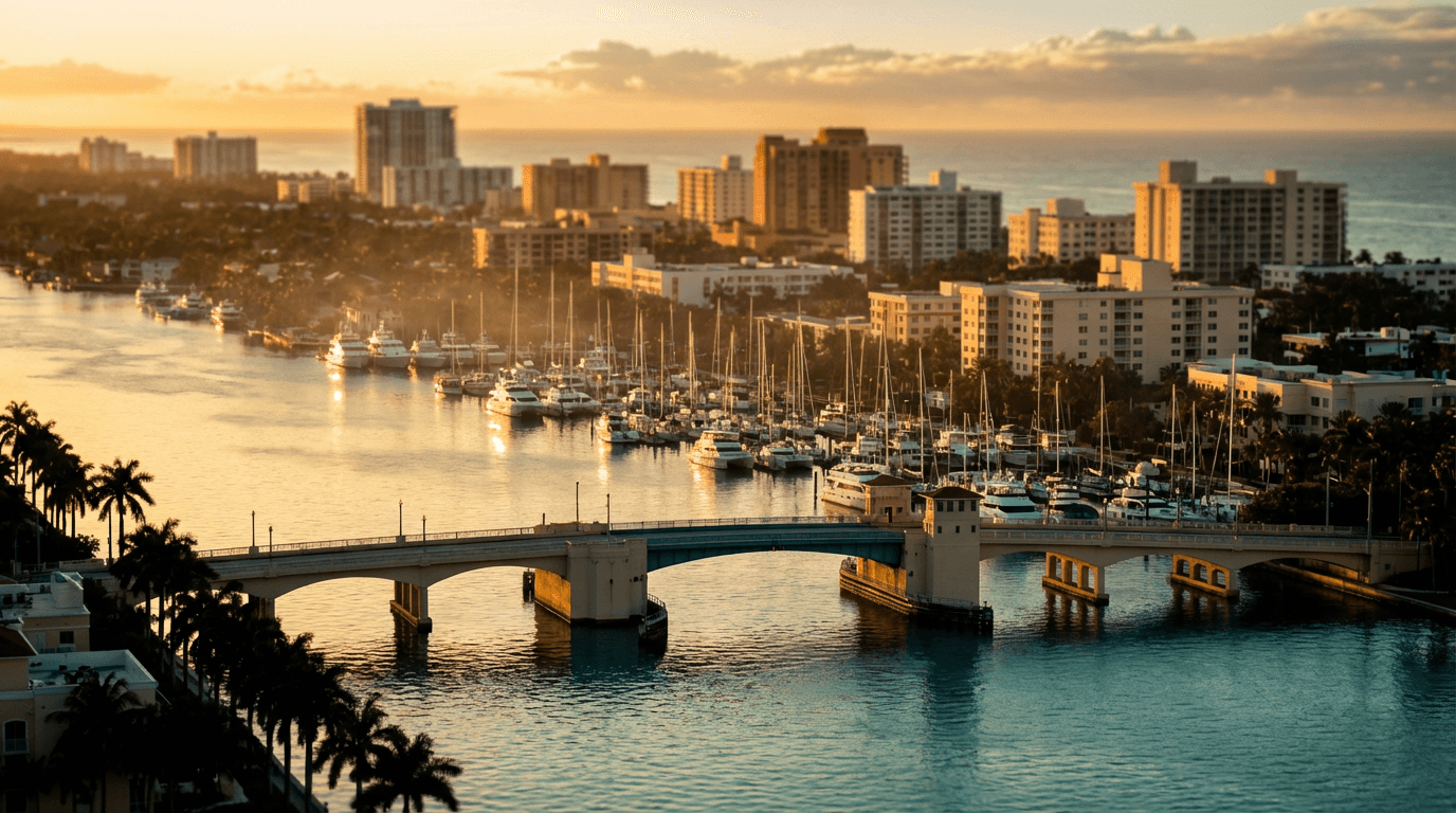 Golden hour aerial view of Fort Lauderdale's intracoastal waterway with luxury vessels and downtown skyline reflection.