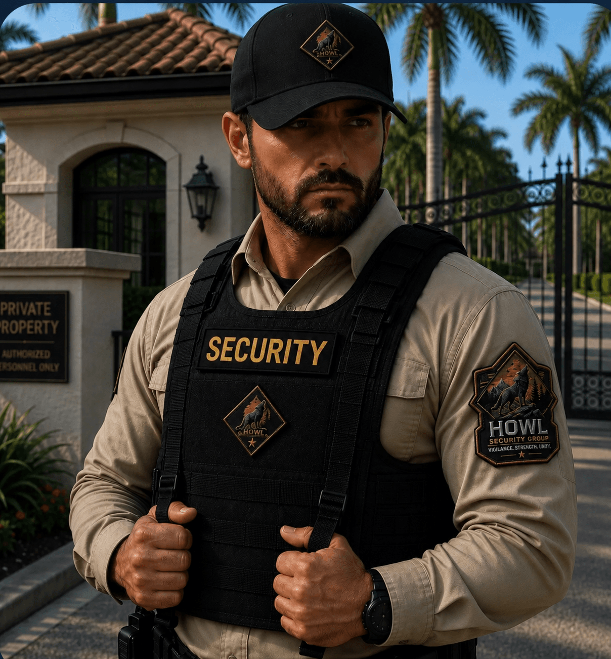 Bearded security guard wearing a tactical vest stands alert outside a gated private estate entrance.