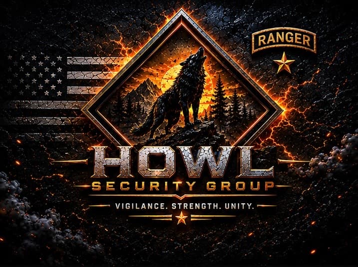 Howl Security Group logo featuring a howling wolf, American flag, and 'Ranger' tab.