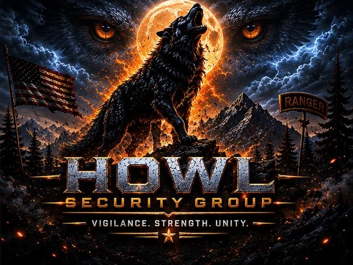Howling wolf against a full moon with glowing eyes and Howl Security Group logo.