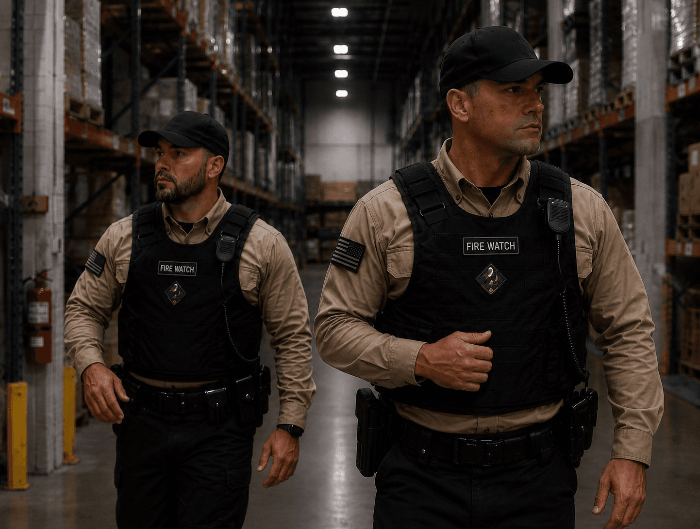 Two men in tactical fire watch gear patrol a large warehouse with high storage racks.