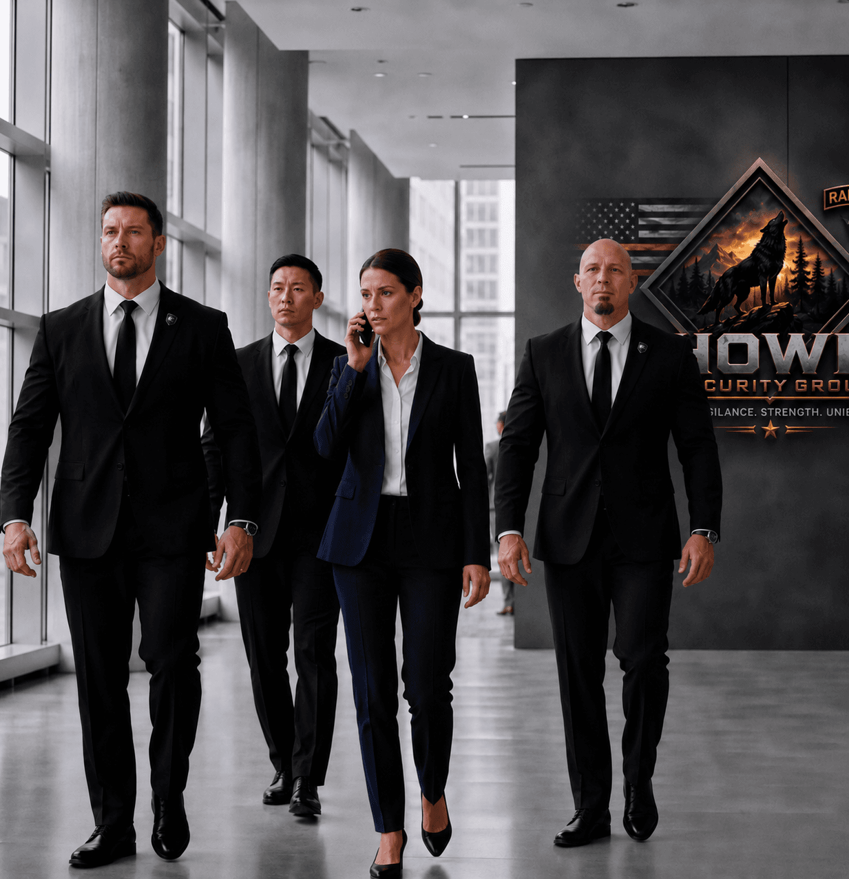 Four security professionals in suits walking through a modern office hallway; woman on phone.