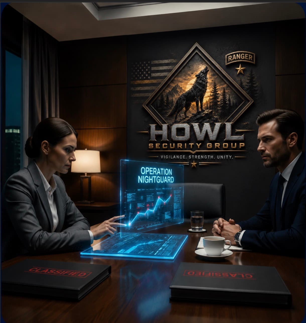 Two professionals analyze a holographic display for Operation Nightguard in a Howl Security Group office.